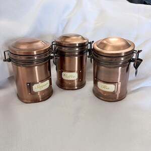 Vintage Copper Canister Set of 3 Sugar Coffee Tea Bail Metal Latching Storage Co